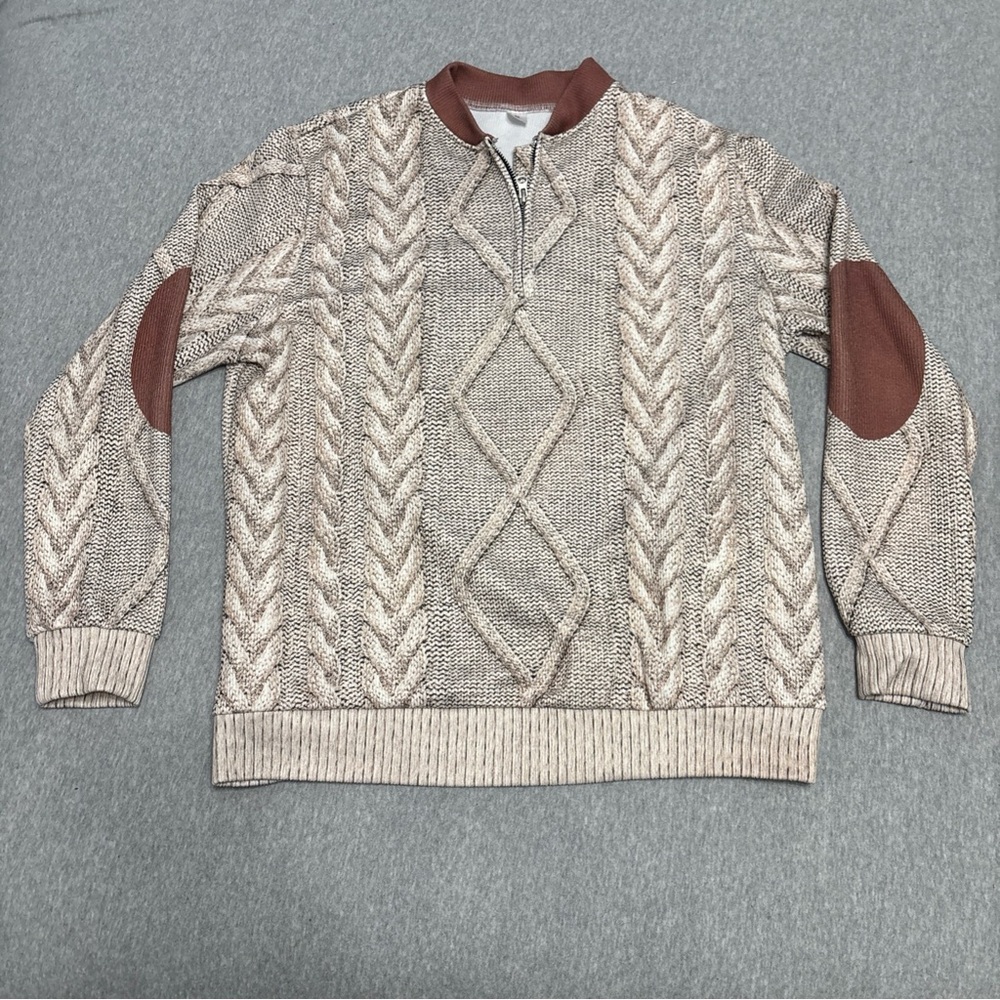 SHEIN Beige Cable-Knit Half-Zip Sweater with Brown Accents